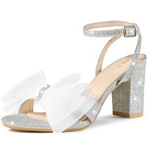 Glitter Heel Mesh Bow Chunky High Heel Sandal Silver